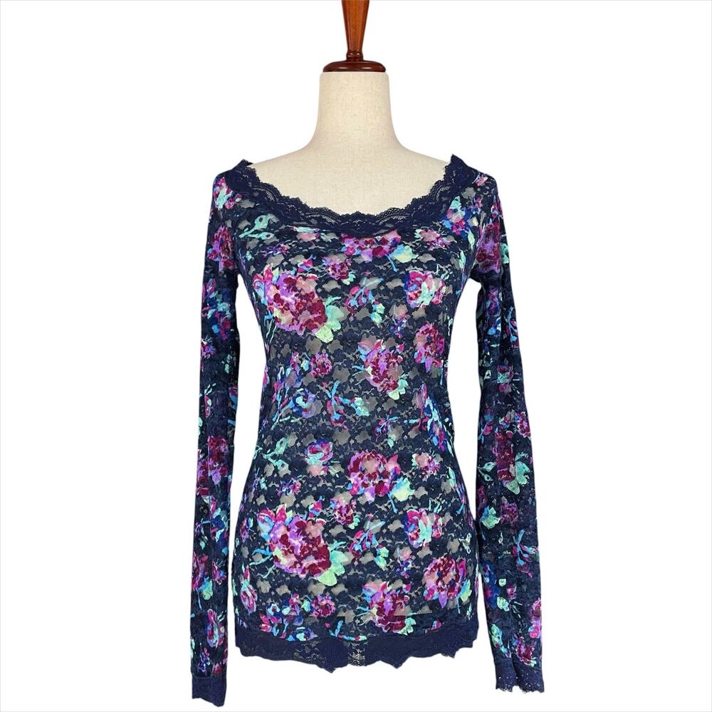 FREE PEOPLE Vtg 90s/Y2K Mesh and Lace Sheer Long-Sleeve Floral Navy Top Size M